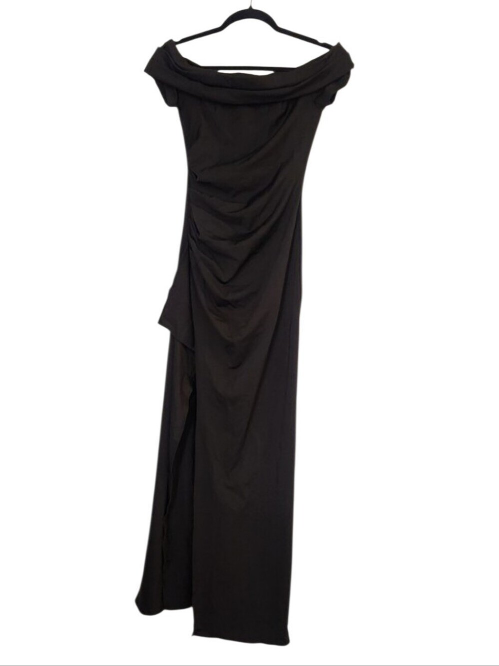 Women's Off-Shoulder Black Sexy Bodycon Stretchy Evening Dress Ruched Slit, S